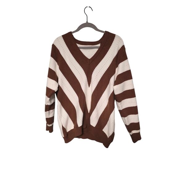 Sweater Womens Small V-Neck Long Sleeve Brown White Stripe Cozy Fall Preppy Cute - Picture 1 of 6
